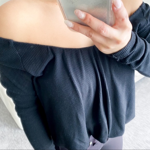 Free People Waffle Knit Thermal Long Sleeve black crop Top - Picture 7 of 15
